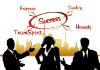 Three silhouettes, two of men and one of a woman stand before a gold city graphic with the words Fairness, Team Spirit, Quality, and Honesty all pointing to the word Success