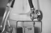 black and white photograph close up on a stethescope