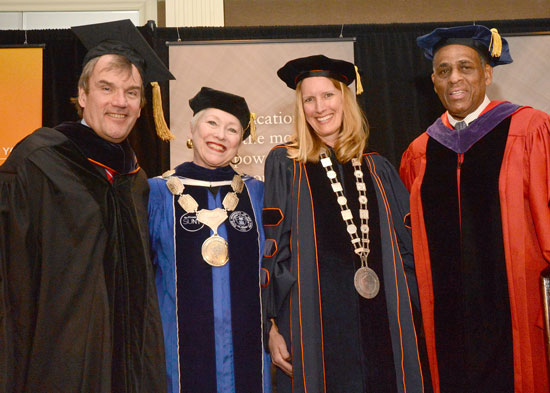 Candace Vancko, president of SUNY Delhi, Cliff Wood, president of Rockland Community College, SUNY Chancellor Nancy Zimpher and Andrew Matonak, president of Hudson Valley Community College, preparing for the inauguration ceremony of ESC President Merodie 
A. Hancock.